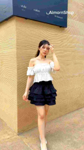 AimornShopp เสื้อครอปปาดไหล่ แขนตุ๊กตา ปักฉลุน่ารักๆ ผ้าใส่สบายมาก แมทช์ลุคคุณหนูสุดๆ