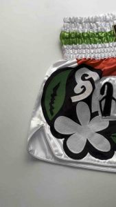 Ram Lumpini Satin Muay Thai Fight Shorts White Flowers with Red and Light Green Details Medium