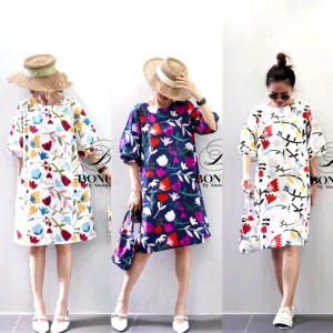 📌ชุดเดรสแขนบอลลูน ผ่าข้าง ผ้าคอตตอนญี่ปุ่น กระดุมหลัง กระเป๋าข้างใส่เท่ๆ ฟรีกระเป๋าหิ้วเข้าเซ็ต ฟรีไซส์ อก44“ยาว 38"