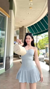 G. ชุดสายชิว^^ ผ้ายืดเนื้อนิ่มเนื้อดีสายเดี่ยวจับแมชท์คู่กระโปรงจับจีบทรงเทนนิส มีซับในกางเกงด้านในนะคะ ซิปข้างสวมง่าย