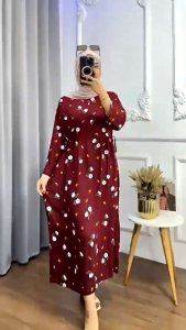 Midi Dress Terbaru Midi Dress Miranda Lengan 3/4 Rayon Motif Terbaru Adem Kekinian