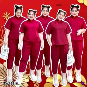 AK 19516 เซต 2 ชิ้น #Bigsize เซตกี่เพ้า เสื้อแจนสั้นคอจีน