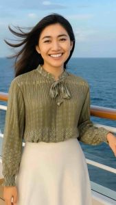 Lamb Distro atasan blouse ceruti plisket wanita kerah shanghai tali leher