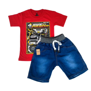 Baju Anak Laki Setelan Kaos Distro Bus Telolet 1-11 Tahun Jeans Pendek Rip Warna Navy