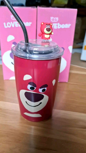 Cốc giữ nhiệt gấu dâu Losto tiện dụng và ống hút bằng thép không gỉ inox 304 cao cấp dung tích 450ml