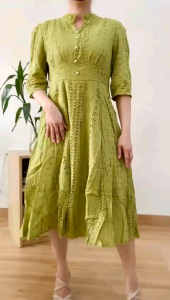 ●ECLAIRE● 003 Dress Midi Katun Bordir Embroidered Lengan 3per4 Korea Kasual Pesta Kondangan Resmi Formal Bisnis Wedding CNY Imlek Natal Christmas Import 59003