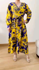 ECLAIRE 003: Dress Maksi Maxi Lengan Panjang Longsleeves Vneck Motif Floral Bunga Flower Korea