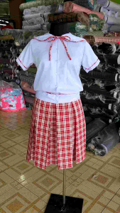 Joenel Brand Sailor Collar Blouse With Ribiti Peach Twill/ Red Checkered Skirt For Kids and Adult School Uniform Individual Sets