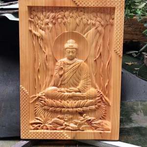Tranh gỗ treo tường decor phòng tu tập để bàn tiêu đề Phật thích ca ngồi dưới gốc cây bồ đề tranh gỗ decor (có tặng kèm móc treo)