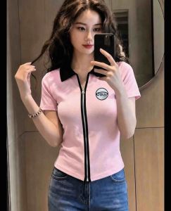 Áo thun nữ cổ bẻ phối màu khóa kéo trước - Form ôm body co giãn 4 chiều Freesize 35kg - 55kg