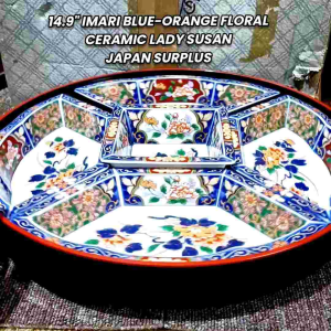 14.9in JAPAN SURPLUS IMARI BLUE-ORANGE FLORAL CERAMIC LAZY SUSAN TURNTABLE ROTATING DISH
