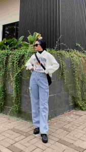 Celana Cargo Highwaist Loose Jeans Baggie Wanita / Kulot Cargo Highwaist