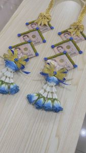 สีน้ำเงิน 6 ซอง พวงมาลัยคล้องคอนาค มาลัยใส่แบงค์ ใส่แบงค์ได้ 6 ใบ*