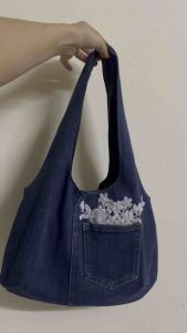 Túi Tote Jean Phối Ren Hoa Túi Đeo Vai Vải Bò Denim Phối túi 2 mặt