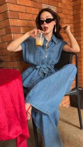 🔖Mirrorsister 50208.3 เซ็ทเสื้อเชิ้ต เอวยืดสม็อคผูกเอว คู่กางเกงขากระบอก มีกระเป๋าข้าง เนื้อผ้ายีนส์นุ่มไม่หนาใส่สบาย