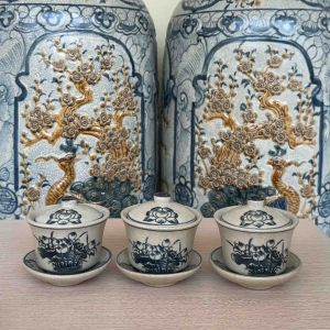 Bát sâm vẽ sen (chén sâm chén khải) thờ Bát Tràng Bát nước thờ cúng Bát trà sâm men rạn