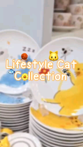 INDRA CERAMIC จานกลมโค้ง ลายแมว lifestyle cat เซรามิคเข้าไมโครเวฟได้