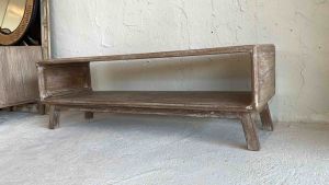 (ประกอบแล้ว) โต๊ะไม้สัก โต๊ะทีวี ตู้ไม้สัก มินิมอล ชั้นวางทีวี ตู้วางทีวี สีเสี้ยนขาว 120x40x40cm Mid Century Media Console Table in Whitewashed