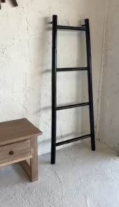 บันไดไม้ แขวนผ้าเช็ดตัว แต่งบ้าน ไม้ไผ่ เคลือบแลกเกอร์ สีโอ๊คเข้ม สูง 150cm บันไดตากผ้า ห้องน้ำ มินิมอล Towel ladder bamboo wall ladder in dark oak