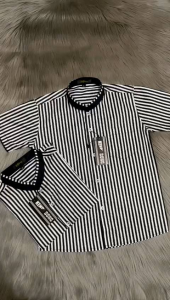 Kemeja Salur Hitam Putih/Kemeja Anak Kerah Koko Usia 3 - 14 Tahun