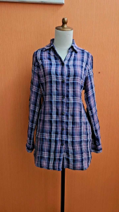 atasan kemeja wanita putih motif kotak biru L&B cewek L lengan panjang kerja kuliah bisa jadi tunik
