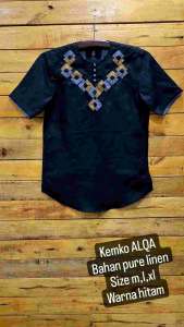 BAJU KEMEJA KOKO LINEN HITAM LENGAN PENDEK KERAH OBLONG MOTIF BORDIR CASUAL