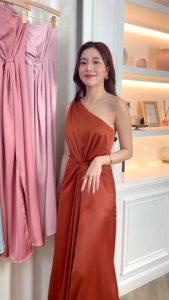 ชุดเดรส ชุดออกงาน ชุดราตรี F056 เดรสยาว ไหล่เบี่ยง รวบไหล่ รวบเอว