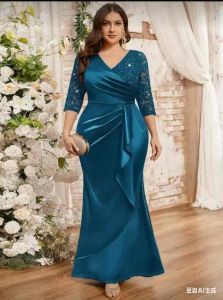 Melody Plus V-Neck Sequin Floral Lace Contrast Ruched Ruffle Trim Satin Mermaid Hem Evening Party Dress Formal Gown Fall Dress For Wedding Guest Graduation Dinner