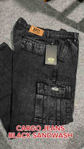 OMJINS Cargo Pants Jeans Denim CJ007 Black Sandwash