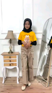 Celana Cargo Bahan Twill Combed Strit Anak Perempuan 7-15 Tahun