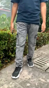 Seluar Jeans Lelaki Cargo Acid Wash 6 Pocket Cargo Jeans Kain Non Stretchable Regular Cut