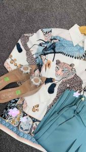 Kemeja silk motif macan blue terlaris 646 / pakaian lengan panjang wanita simpel elegan / atasan full motif printing