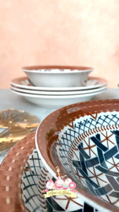 Paket perlengkapan makan keramik set isi 2 pcs piring + mangkok motif rotan coklat