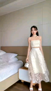 Set maxi đi biển áo kèm chân váy mix dây hoa cực xinh cho bạn gái chất Lưới b ướm 1 màu Trắng kem - Váy đầm thời trang nữ đi chơi du lịch