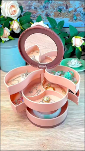 Kotak Perhiasan Putar 360° Cermin Tempat Perhiasan Aksesoris Serbaguna Putar Rak Aksesoris