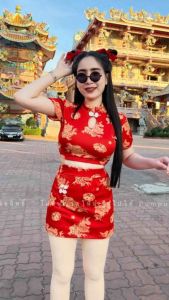 🪭 FLASH Zeza 🪭 ชุดตรุษจีน 2 ชิ้น ชุดเซ็ตกี่ เพ้า ชุดอาหมวยสีแดง สีดำทอง