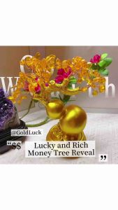 Feng Shui Citrine Money Tree With Wulou Lucky Charm Protection - Golden tree with yellow branches and pink flowers accompanied by amethyst crystal on a white surface.