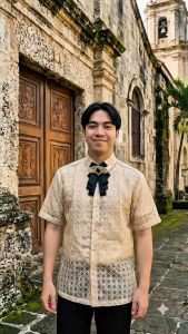 【 PREMIUM 】Modern Polo Barong Solihiya Lace Short Sleeves with Inner Lining and Bowtie