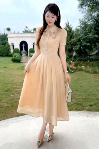 Beaded Nude Color Formal Dress with Brooch Beige Fit and Flare Graduation or Bridesmaid Formalwear