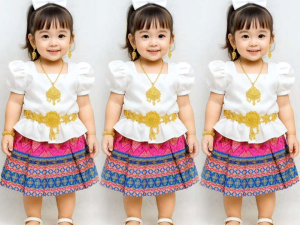 ชุดไทยประยุกต์เสื้อแขนบัว +กระโปรงสั้นจีบใหญ่ + คาดผม (ไม่รวมเครื่องประดับ)