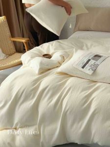 SG Ready Stock Quilt Cover Fitted Bedsheet Set Seren Weave Luxury 100% cotton set with 4 in 1 with Quilt Cover Wavy Pattern