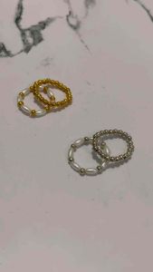 Set (2 buah) Cincin Pearl Metalic Idris Ring Beaded Elastic Elastis Mutiara Pearls Beads Handmade Fashion