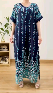 ●ECLAIRE● 003 Dress Maksi Maxi Loose Homewear Vneck Lengan Pendek Shortsleeves Busui Friendly Motif Bunga Floral Flower Pocket Navytia Import giooa