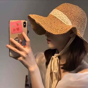 หมวกสาน หมวกสานปีกกว้าง 118 บักเก็ตแฮนด์เมด สไตล์วินเทจ สไตล์เกาหลี สำรองด้วยวัสดุธรรมชาติ แบบมีสายริบบิ้นลูกไม้