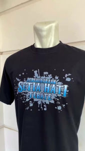 KAOS PSHT DESAIN TERBAIK SETIA HATI BIRU SABLON DEPAN TULISAN LATIN BIRU CORAK | BELAKANG SABLON HATI BERSINAR BESAR