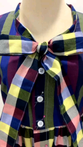 เดรสผ้าขาวม้า มัดโบว์คอ/กระดุมหน้า/ระบายชาย/แขนหูช้าง