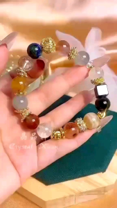 彩兔毛 × 黑胆石 × 敦煌极光 × 绿发晶 × 蓝铜矿共生孔雀石 设计款手串 ✨ Color Rabbit Hair Quartz × Black Stone × Aurora Crystal × Green Rutilated Quartz × Bracelet