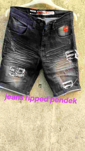 celana jeans pendek pria model sobek slim fit ngaret tebal