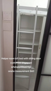 Loft bed with top table customize /sliding door wardrobe customize singapore for helper room/store room/utility/bomb shelter/maid/helper room