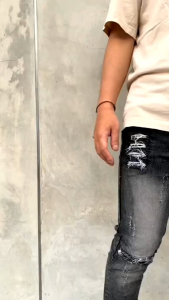 XTyasaa - Jeans Pria Denim Sobek Tampilan Lurus Full Length Gaya Ripped Premium